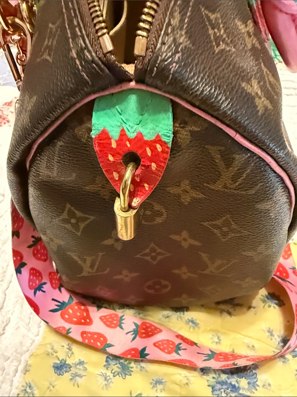 FAUX Louis Vuitton Brown Monogram Satchel with Pink Handles & Strawberry Strap - Picture 9 of 9